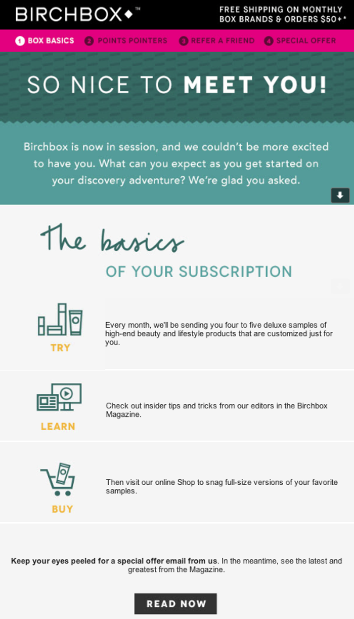 An example of welcome email template: Birchbox.