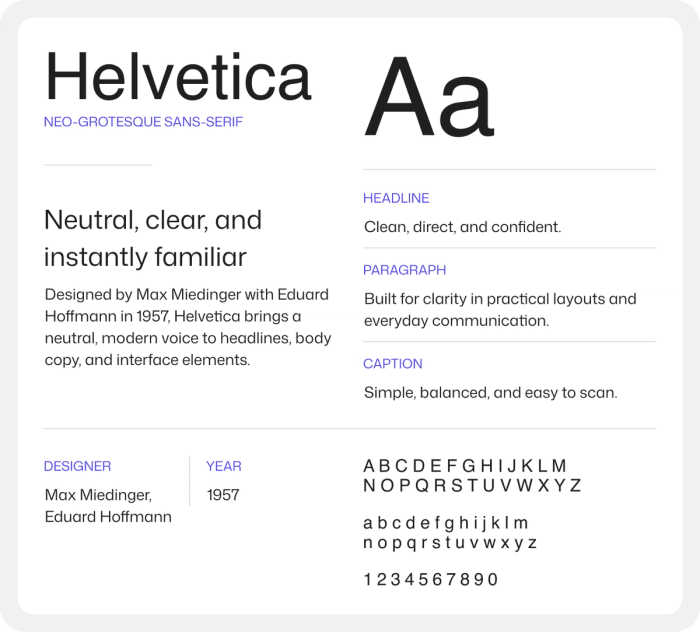 Helvetica font in various weights.