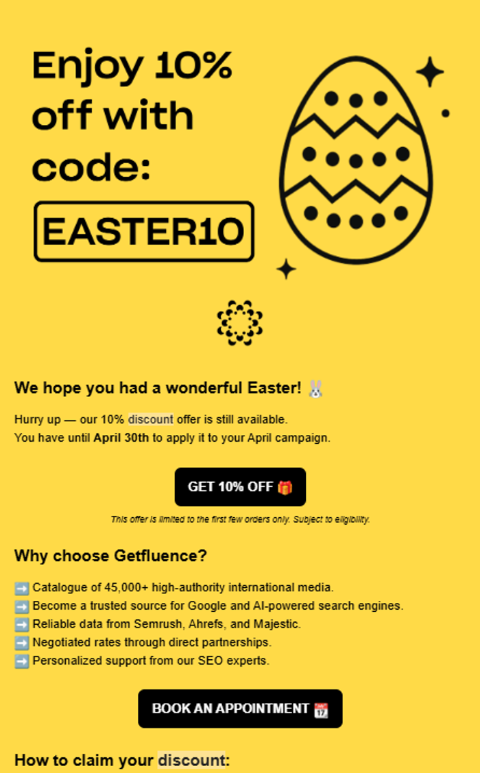 Getfluence Easter discount email.