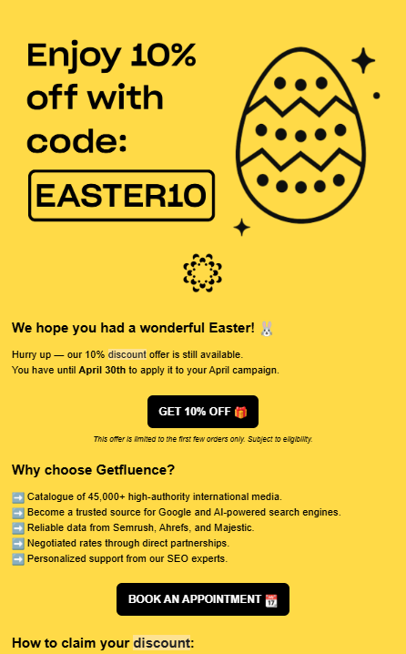 Getfluence Easter discount email.