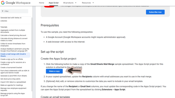 A screenshot of the Google developer page to get the example sheet for mail merge Gmail email personalization.