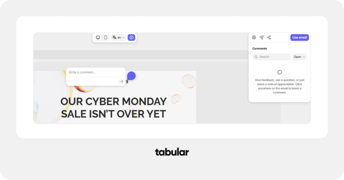 Tabular email builder commenting feature.