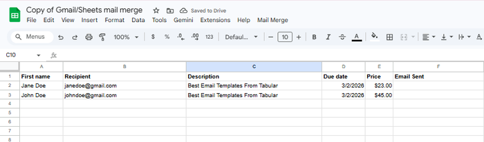 A screenshot displaying the spreadsheet for the mass personalized email sending with Gmail. The personalization columns include: First name, Recipient, Description, Due date, Price and Email Sent