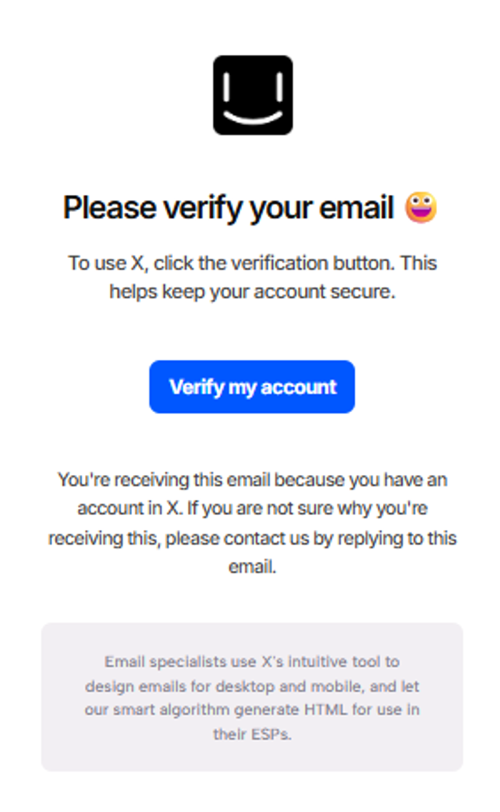 Email design template for account verification showing a clean layout with a prominent CTA button and mobile-responsive footer text.