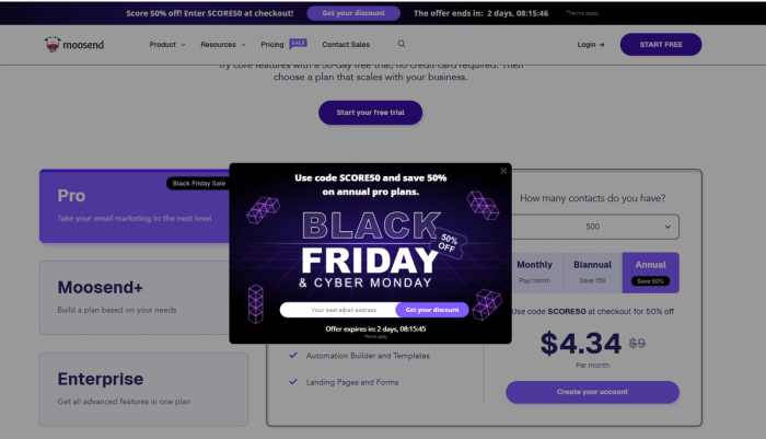 Moosend Black Friday and Cyber Monday deals page displaying up to 50% off annual Pro email automation plans.