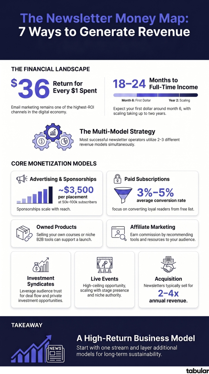 Infographic showing 7 newsletter monetization strategies and revenue models.