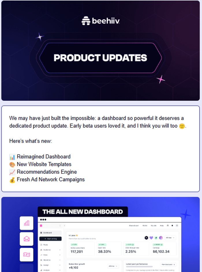 Beehiiv new dashboard update email.