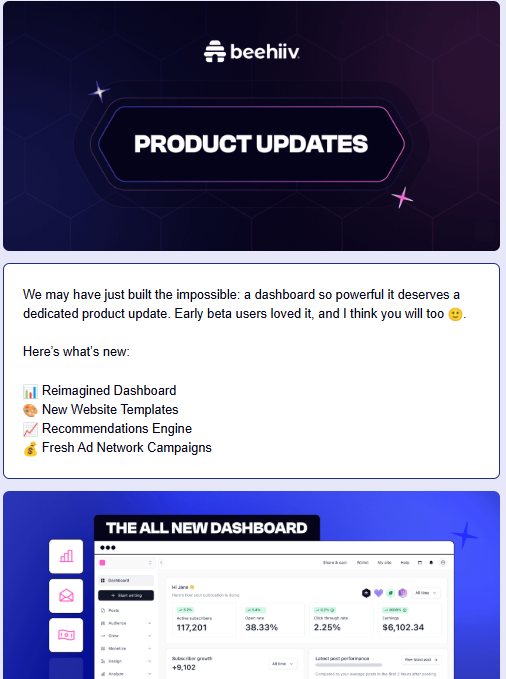 Beehiiv new dashboard update email.
