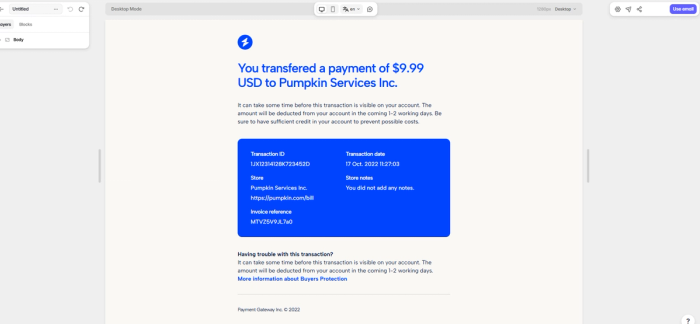 Payment confirmation email template built with Tabular's no code email template builder.