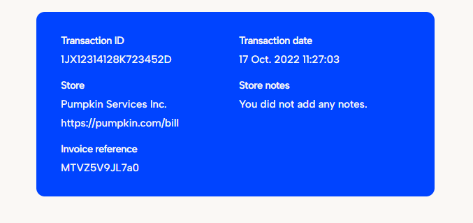 A visually distinct block (blue background, rounded corners) containing key-value pairs of transaction information, often using a multi-column layout on wider screens.