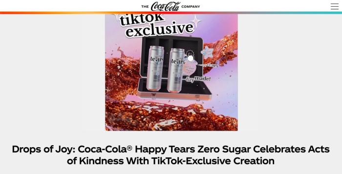 A close-up shot of a limited-edition Coca-Cola can with unique "Happy Tears" branding, possibly with condensation droplets that look like tears. This picture is used in one of the teaser marketing examples to create intrigue around a new product launch.