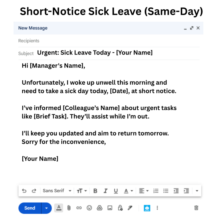 Short notice sick day leave email example.