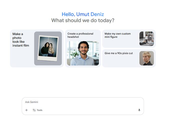 A digital interface screen for Gemini, personalized with "Hello, Umut Deniz," asks, "What should we do today?" It features four main suggested activities in cards: "Make a photo look like instant film," "Create a professional headshot," "Make my own custom mini figure," and "Give me a 90s pixie cut." Below the suggestions is a search bar labeled "Ask Gemini" with a mic icon.