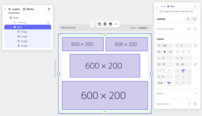 In mobile mode you can specify a custom width to each child of a Row block, transforming a Row into a grid structure.