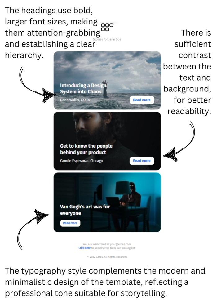 Newsletter email template with typography explanations.