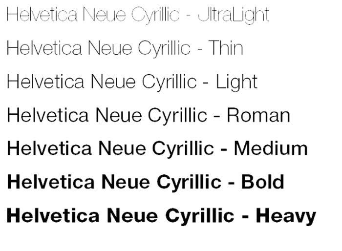 Helvetica font in various weights.