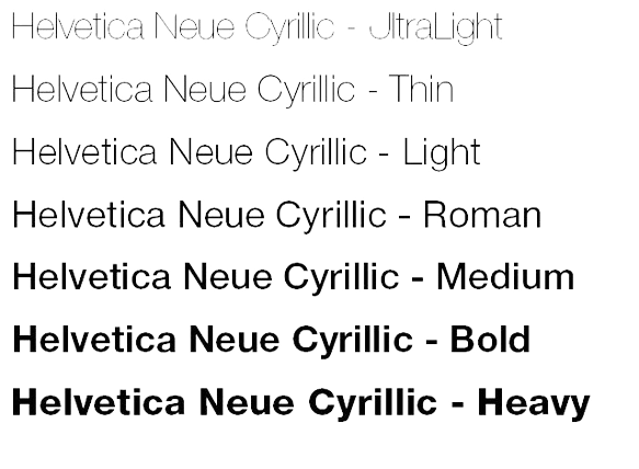 Helvetica font in various weights.