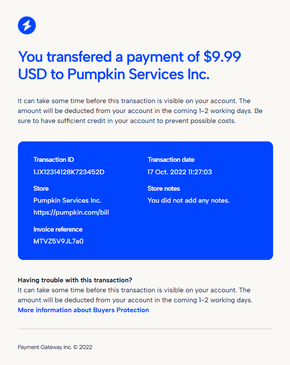 Simple payment confirmation email template.