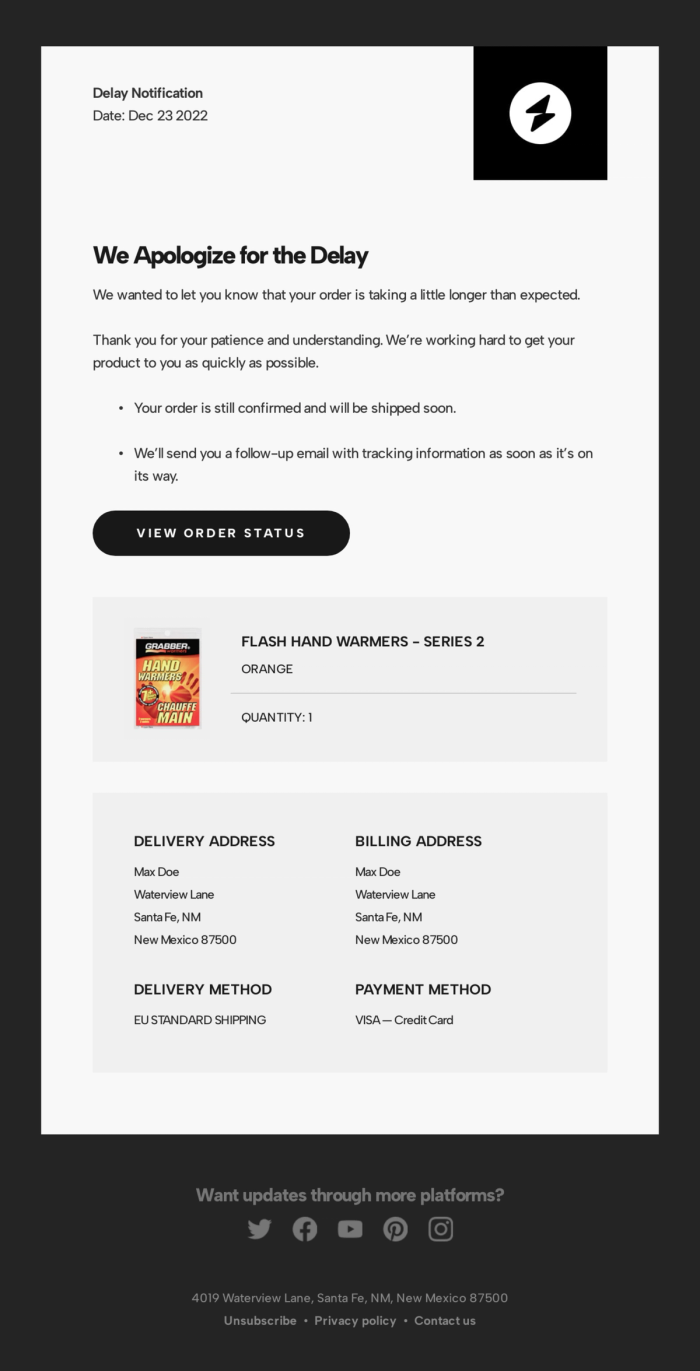 Delayed Shipment email template.