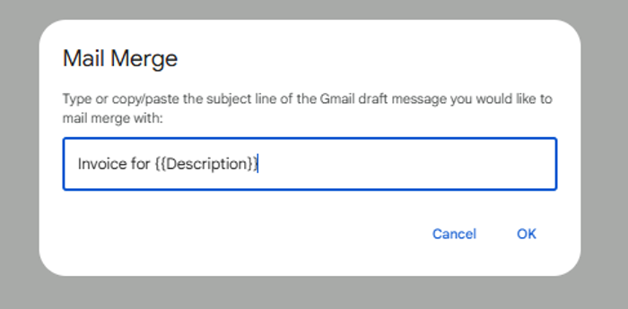 A screenshot showing the Mail merge box asking for the subject line.