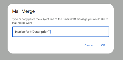 A screenshot showing the Mail merge box asking for the subject line.