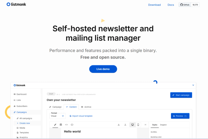 Listmonk homepage featuring the headline 'Self-hosted newsletter and mailing list manager' and a screenshot of the campaign editor interface.
