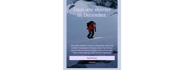 A prominent block showcasing a blog post or story, typically using a background image, large quote, descriptive text, and a call-to-action link.