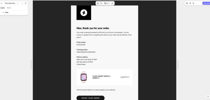 Order confirmation email template built with Tabular’s email template builder.