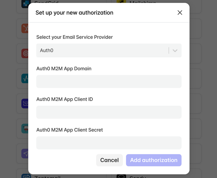 Enter your Auth0 M2M application credentials to authorize Tabular to automatically upload email templates.