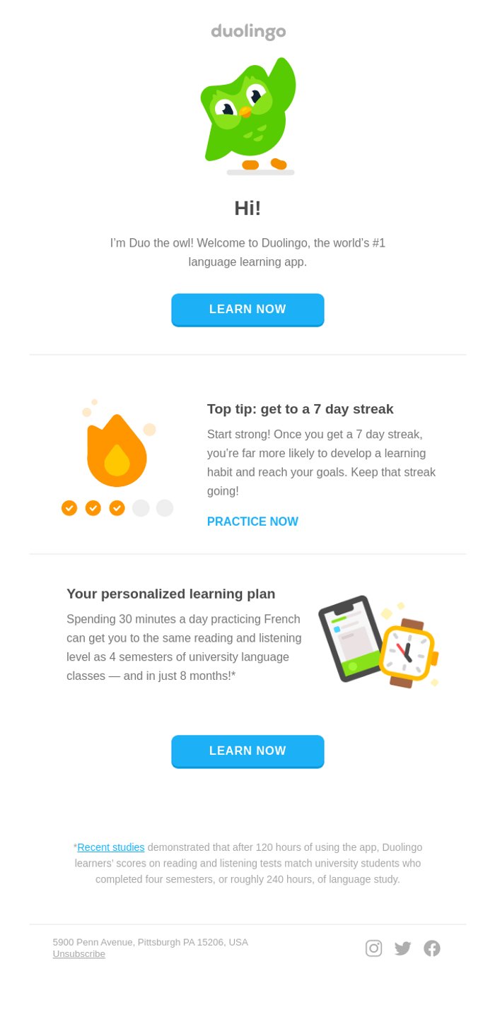 An example of welcome email template: Duolingo.