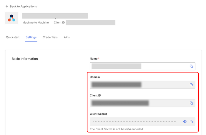 Copy the Domain, Client ID, and Client Secret values from the M2M application settings.