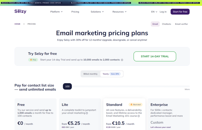 Selzy email marketing platform Black Friday promotion banner offering 50% off the first month with coupon code BFS25.
