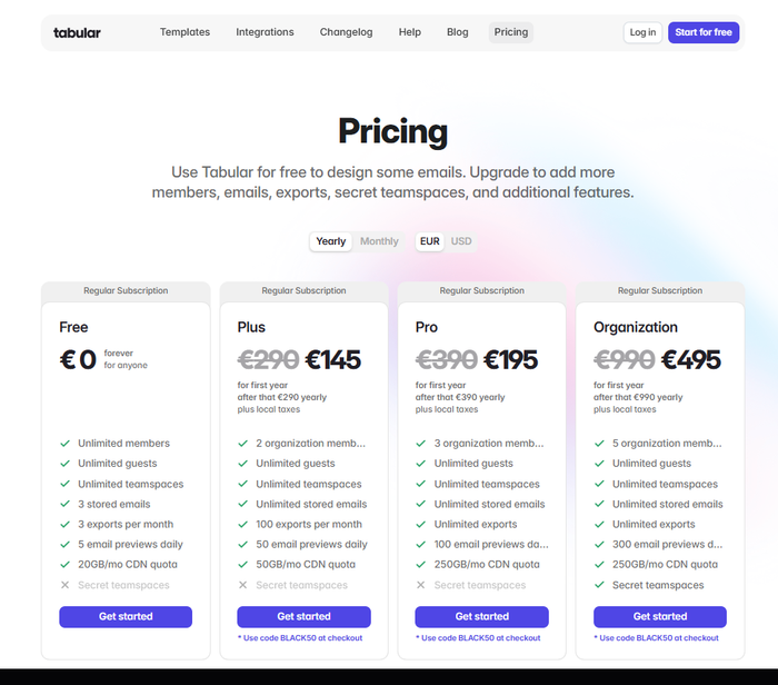 Tabular email template builder Black Friday discount. Tabular email design tool offers Black Friday pricing page showing 50% off the first year on Plus, Pro, and Organization subscriptions with coupon code BLACK50.
