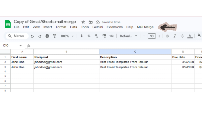 A screenshot displaying the Google Sheets with an arrow pointing at Mail Merge
