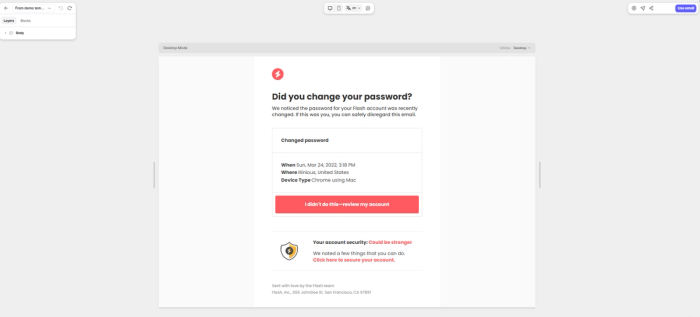 An email template for a password change notification built with Tabular’s email template builder.