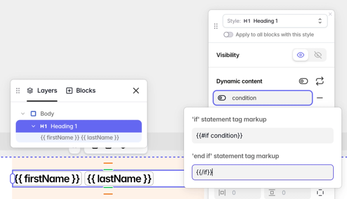 Example of using Handlebars' if statement on a Tabular email block.