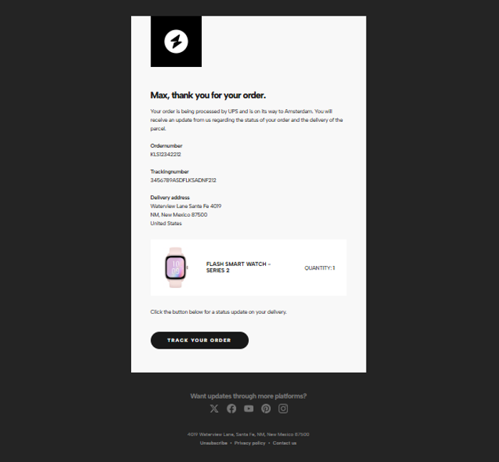 Confirmation email template for ecommerce flow.