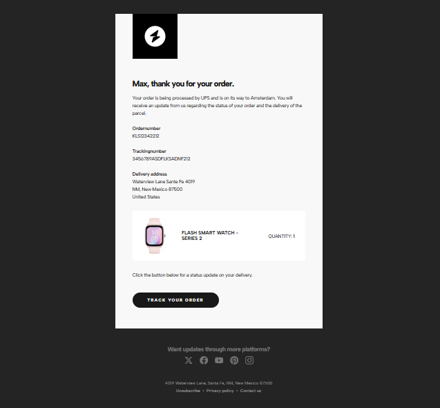 Confirmation email template for ecommerce flow.