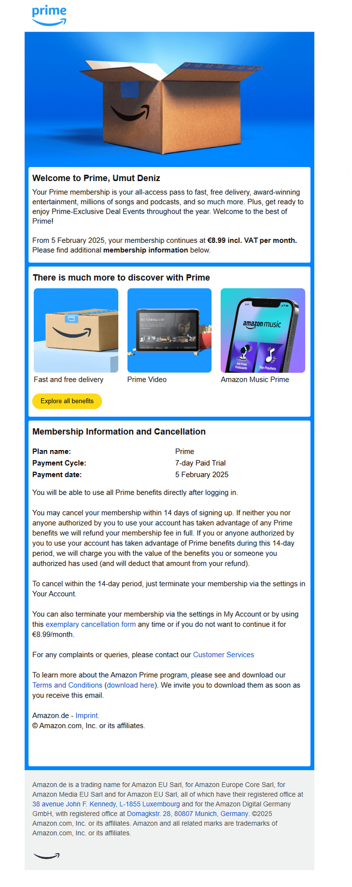 Amazon prime welcome email.