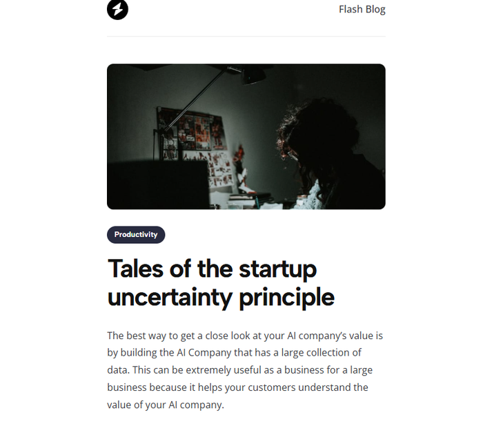 Newsletter Email: A "Flash Blog" newsletter with an image of a person working at a desk in dim lighting. The headline is "Tales of the startup uncertainty principle."