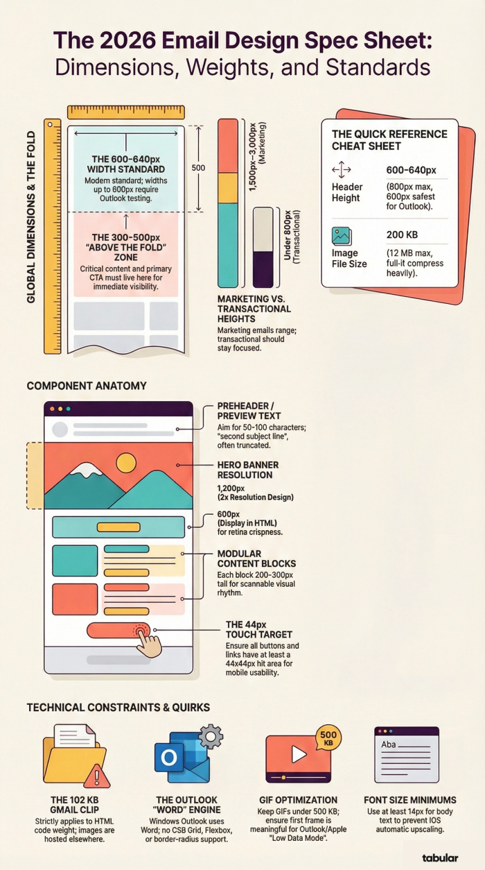 Infographic showing 2026 email design specifications, including 600-640px width standards, 44px mobile touch targets, and technical constraints like the 102KB Gmail clipping limit and Outlook rendering issues.