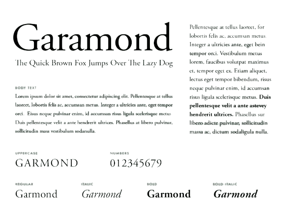 Garamond font in various sizes.