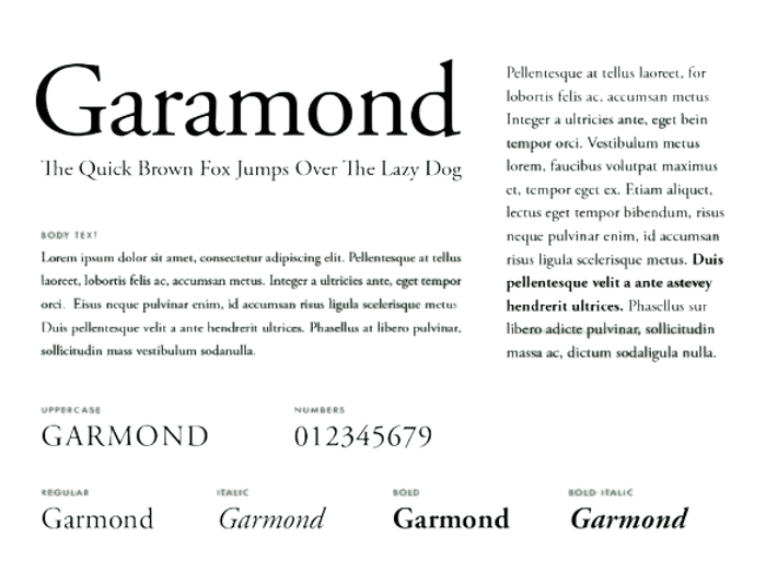 Garamond font in various sizes.