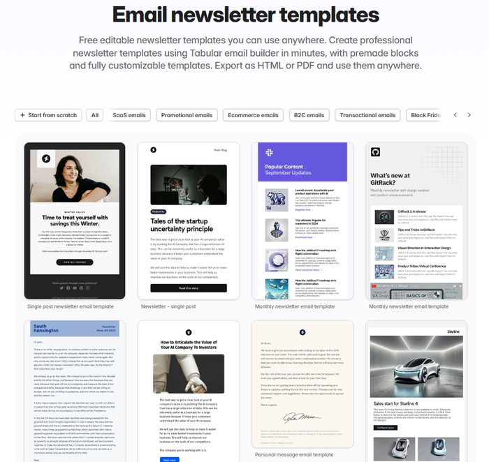 Tabular email builder library of free editable newsletter templates. The page features a "Start from scratch" option and categories like SaaS, Promotional, and Ecommerce emails, displayed above a grid of diverse template designs for sales, blog posts, and monthly updates.