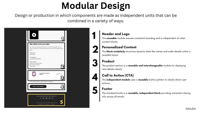 A visual explaining what modular design means with a modular email example.