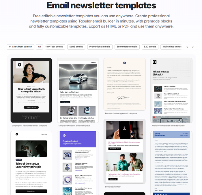 Free editable newsletter email templates gallery on Tabular, featuring layouts for single posts, simple announcements, and personal messages