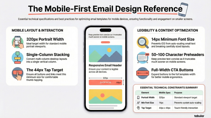Infographic titled 'The Mobile-First Email Design Reference' detailing technical specs for small screens: 320px portrait width, single-column stacking, 44px touch-friendly tap targets, and a 14px minimum font size to prevent iOS auto-scaling.