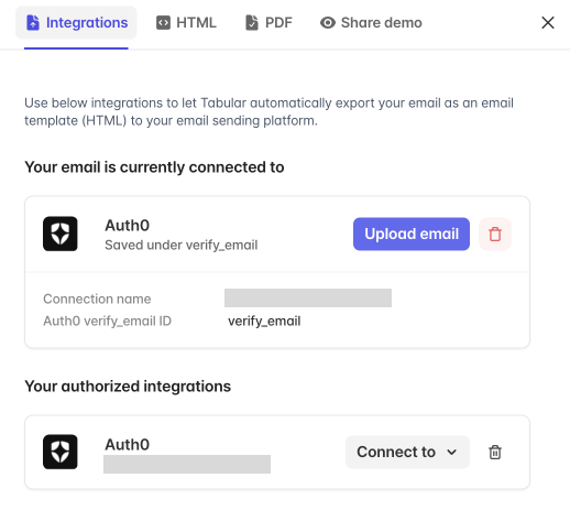 Connect your Tabular email to your Auth0 account using your integration. Thereafter, upload new email template versions using your connection.