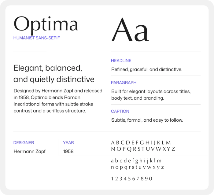 Display of the Optima font.