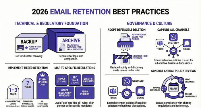 2026 Email Retention Best Practices," divided into two main sections: Technical & Regulatory Foundation and Governance & Culture. It covers backup vs. archive strategies, tiered retention periods (1-7 years), regulatory mapping (HIPAA, SEC), defensible deletion, and multi-channel capture for Teams, WhatsApp, and Signal.